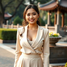 A beautiful mixed-heritage woman from Medan, Indonesia, with European roots, showcasing a large bust