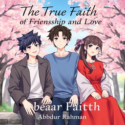 A captivating book cover for 'The True Faith Of Friendship And Love' featuring three adult Korean anime characters
