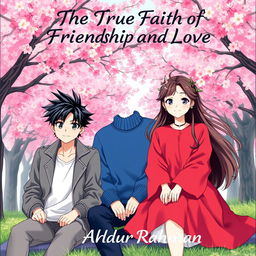 A captivating book cover for 'The True Faith Of Friendship And Love' featuring three adult Korean anime characters
