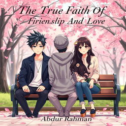 A stunning book cover for 'The True Faith Of Friendship And Love' featuring three adult Korean anime characters sitting together in a park