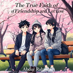 A stunning book cover for 'The True Faith Of Friendship And Love' featuring three adult Korean anime characters sitting together in a park