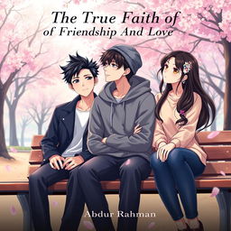 A stunning book cover for 'The True Faith Of Friendship And Love' featuring three adult Korean anime characters sitting together in a park