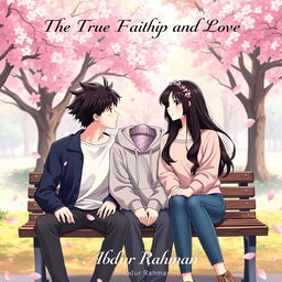 A stunning book cover for 'The True Faith Of Friendship And Love' featuring three adult Korean anime characters sitting together in a park