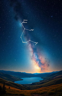 A stunning depiction of the Orion Constellation, showcasing its prominent stars like Betelgeuse and Rigel in a dark night sky filled with twinkling stars
