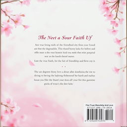 The back cover of the book features a serene cherry blossom background, with delicate pink petals scattered softly across the scene