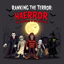 A spooky Halloween themed illustration featuring three categories of horror villains