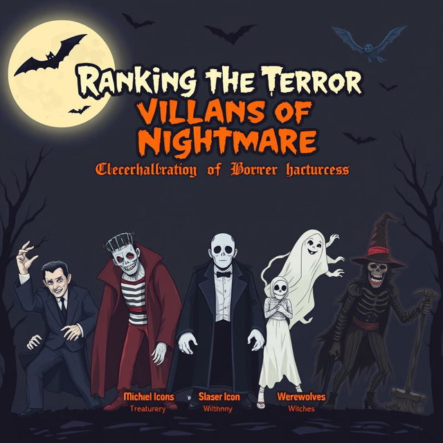 A spooky Halloween themed illustration featuring three categories of horror villains