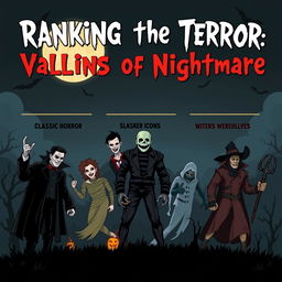 A spooky Halloween themed illustration featuring three categories of horror villains