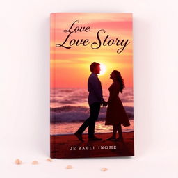 A romantic and engaging book cover for a love story, featuring a couple standing on a sunset beach, their silhouettes gently illuminated by the warm hues of a pink and orange sky