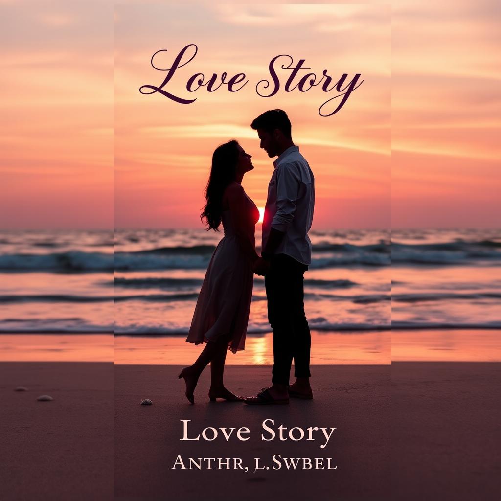 A romantic and engaging book cover for a love story, featuring a couple standing on a sunset beach, their silhouettes gently illuminated by the warm hues of a pink and orange sky