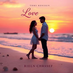 A romantic and engaging book cover for a love story, featuring a couple standing on a sunset beach, their silhouettes gently illuminated by the warm hues of a pink and orange sky