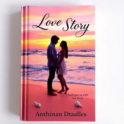 A romantic and engaging book cover for a love story, featuring a couple standing on a sunset beach, their silhouettes gently illuminated by the warm hues of a pink and orange sky