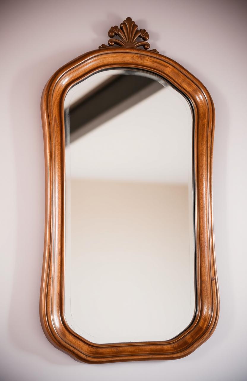 A minimalist stunning old luxury mirror, beautifully crafted with exquisite details, showcasing artisan qualities typical of Brazilian design