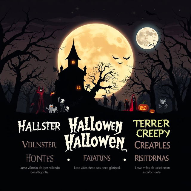 Un diseño de Halloween vibrante y cautivador mostrando una escena de terror festiva con varios villanos icónicos como vampiros, hombres lobo y fantasmas