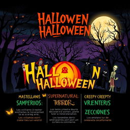 Un diseño de Halloween vibrante y cautivador mostrando una escena de terror festiva con varios villanos icónicos como vampiros, hombres lobo y fantasmas
