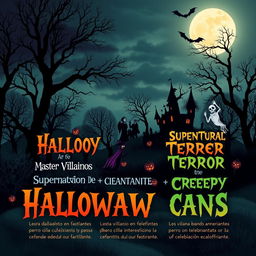 Un diseño de Halloween vibrante y cautivador mostrando una escena de terror festiva con varios villanos icónicos como vampiros, hombres lobo y fantasmas