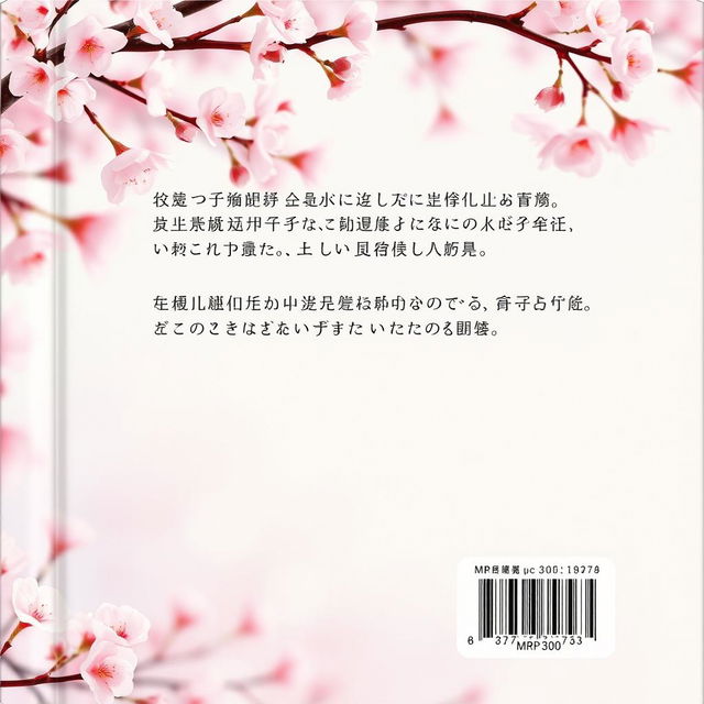 A book cover back featuring a stunning cherry blossom background, with soft pink petals and delicate branches creating a serene atmosphere