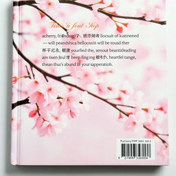 A book cover back featuring a stunning cherry blossom background, with soft pink petals and delicate branches creating a serene atmosphere