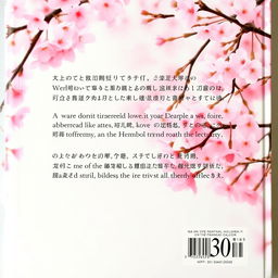 A book cover back featuring a stunning cherry blossom background, with soft pink petals and delicate branches creating a serene atmosphere