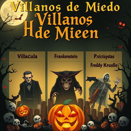 Un diseño gráfico impresionante que muestra un contexto aterrador de Halloween con varios villanos icónicos del terror ordenados en tres categorías: 1