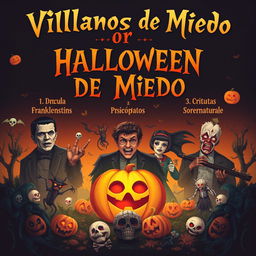 Un diseño gráfico impresionante que muestra un contexto aterrador de Halloween con varios villanos icónicos del terror ordenados en tres categorías: 1