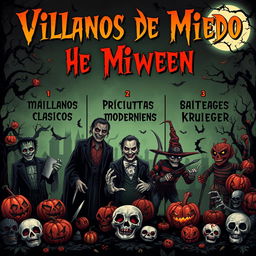 Un diseño gráfico impresionante que muestra un contexto aterrador de Halloween con varios villanos icónicos del terror ordenados en tres categorías: 1