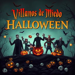 Un diseño gráfico impresionante que muestra un contexto aterrador de Halloween con varios villanos icónicos del terror ordenados en tres categorías: 1