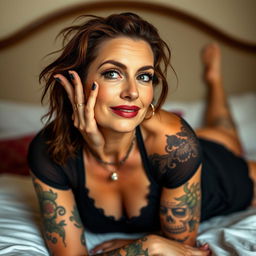 A confident woman in her 40s named Scarlett, striking a playful pose on her bed
