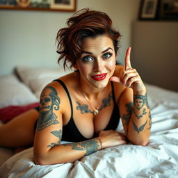 A confident woman in her 40s named Scarlett, striking a playful pose on her bed