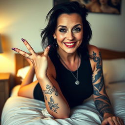 A confident woman in her 40s named Scarlett, striking a playful pose on her bed