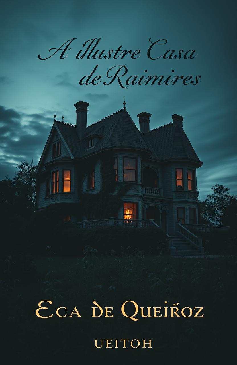 A melancholic and contemplative book cover for 'A Ilustre Casa de Raimires' by Eça de Queiroz, featuring a vintage Victorian house set against a moody, twilight sky