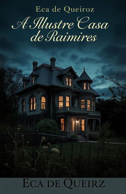 A melancholic and contemplative book cover for 'A Ilustre Casa de Raimires' by Eça de Queiroz, featuring a vintage Victorian house set against a moody, twilight sky