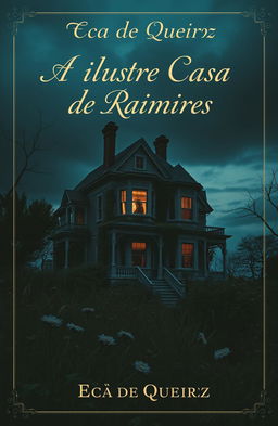 A melancholic and contemplative book cover for 'A Ilustre Casa de Raimires' by Eça de Queiroz, featuring a vintage Victorian house set against a moody, twilight sky