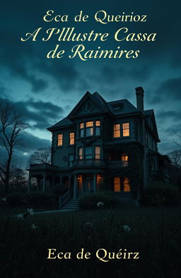 A melancholic and contemplative book cover for 'A Ilustre Casa de Raimires' by Eça de Queiroz, featuring a vintage Victorian house set against a moody, twilight sky
