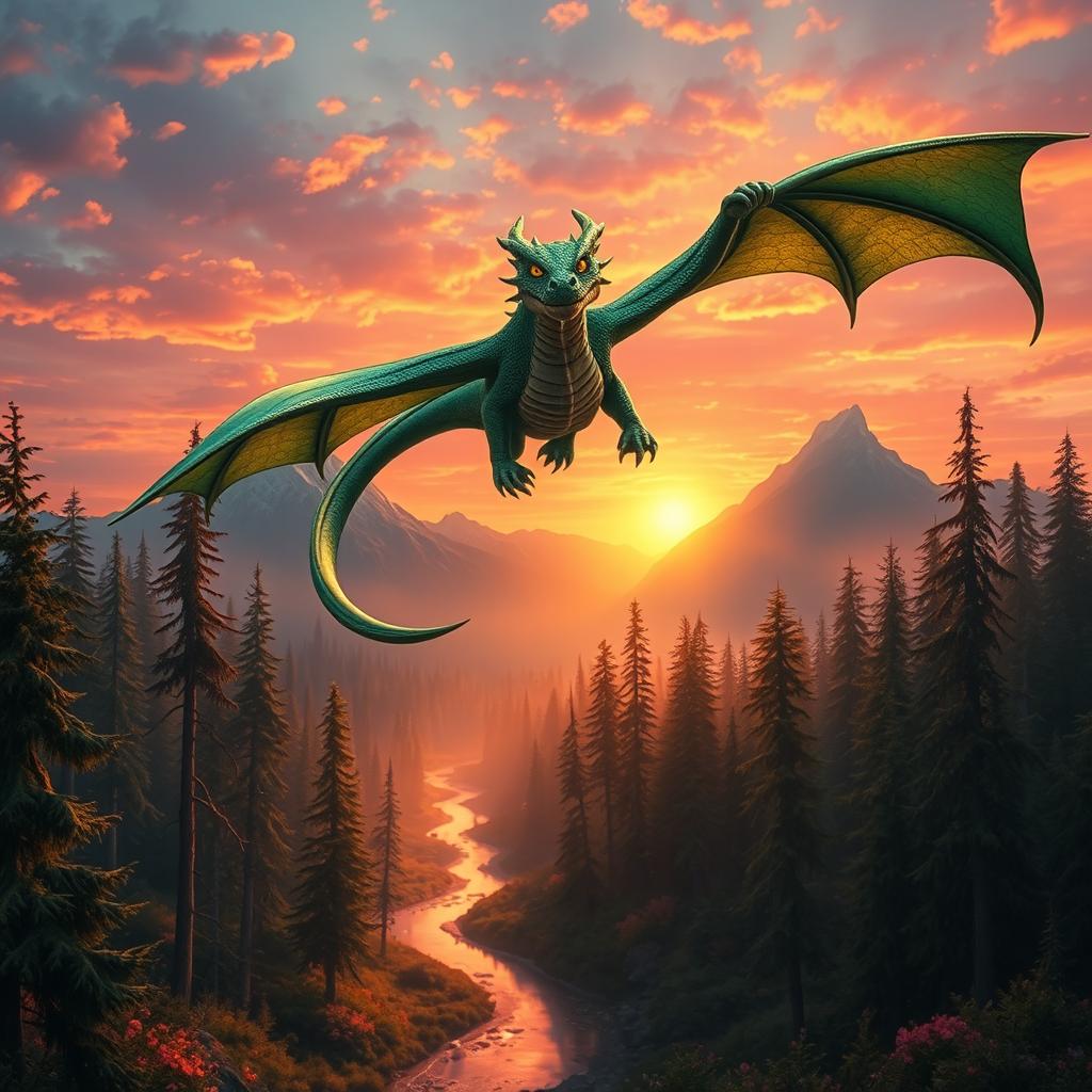 A beautiful, fierce-looking dragon flying above a mystical forest during sunset