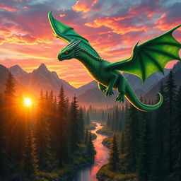 A beautiful, fierce-looking dragon flying above a mystical forest during sunset