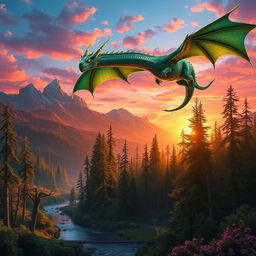 A beautiful, fierce-looking dragon flying above a mystical forest during sunset
