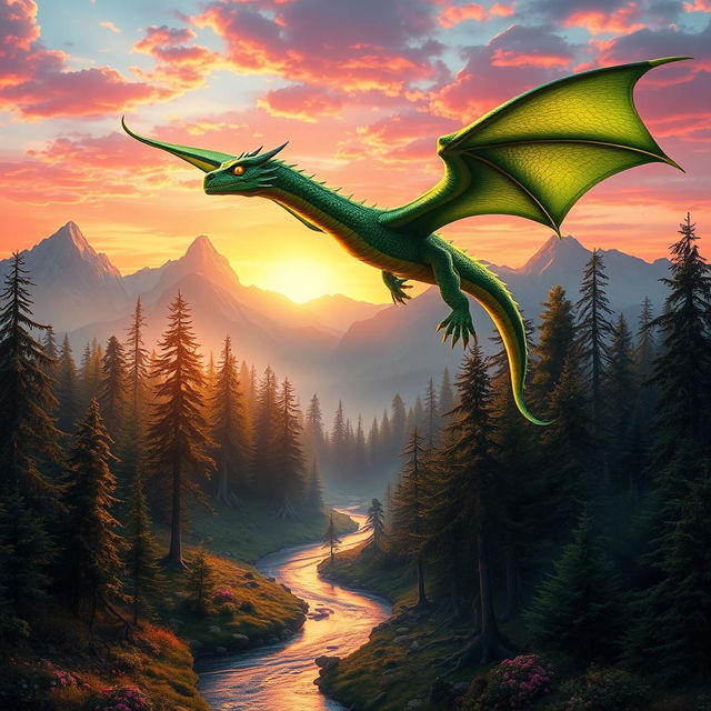 A beautiful, fierce-looking dragon flying above a mystical forest during sunset