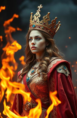 A majestic queen adorned with a stunning golden crown, standing bravely amidst a backdrop of roaring flames