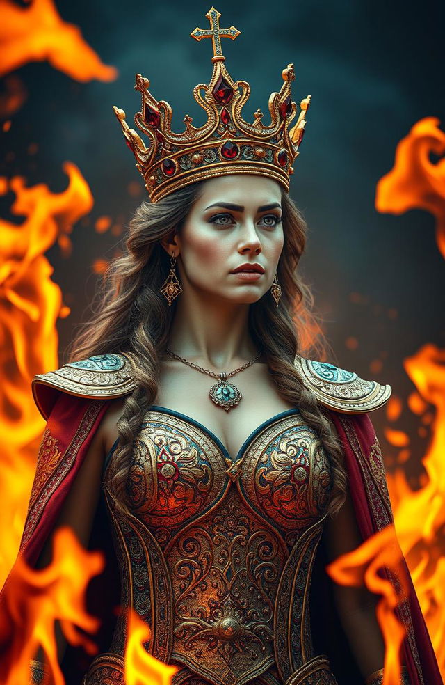 A majestic queen adorned with a stunning golden crown, standing bravely amidst a backdrop of roaring flames