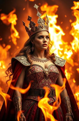 A majestic queen adorned with a stunning golden crown, standing bravely amidst a backdrop of roaring flames