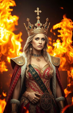 A majestic queen adorned with a stunning golden crown, standing bravely amidst a backdrop of roaring flames