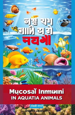 A colorful and informative book poster titled 'ایمنی موکوسی در آبزیان' (Mucosal Immunity in Aquatic Animals)