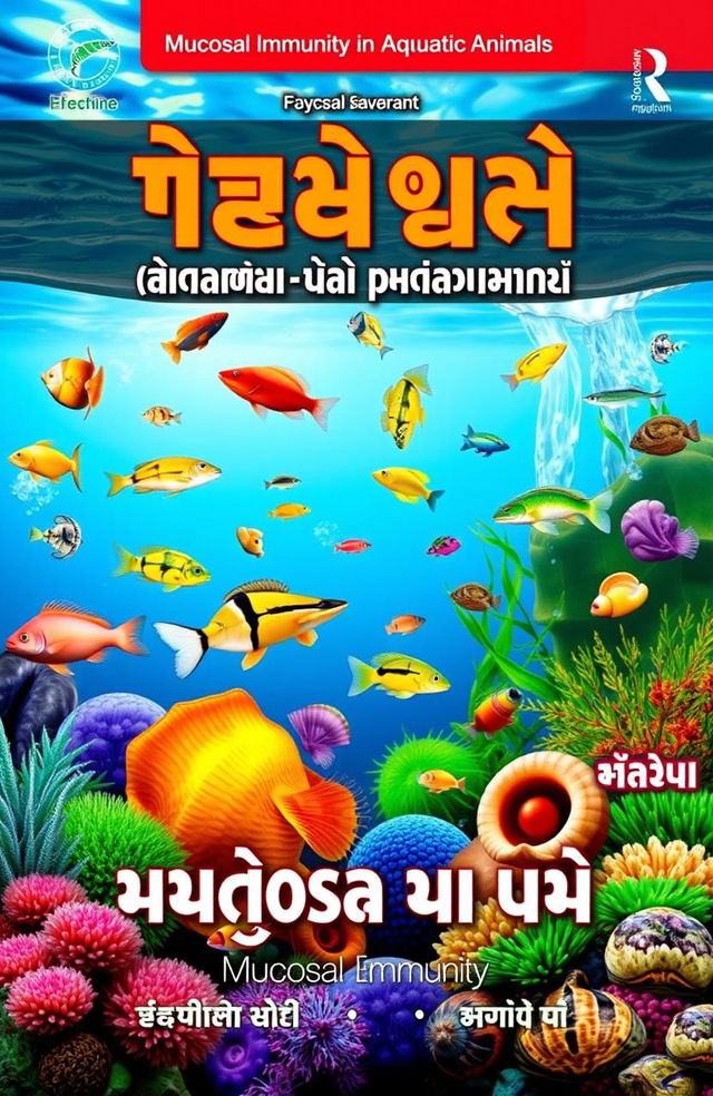 A colorful and informative book poster titled 'ایمنی موکوسی در آبزیان' (Mucosal Immunity in Aquatic Animals)