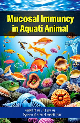 A colorful and informative book poster titled 'ایمنی موکوسی در آبزیان' (Mucosal Immunity in Aquatic Animals)