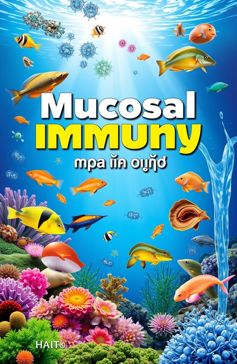 A colorful and informative book poster titled 'ایمنی موکوسی در آبزیان' (Mucosal Immunity in Aquatic Animals)