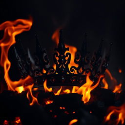 A dark and atmospheric scene featuring a striking crown surrounded by intense flames