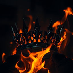 A dark and atmospheric scene featuring a striking crown surrounded by intense flames