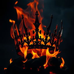 A dark and atmospheric scene featuring a striking crown surrounded by intense flames