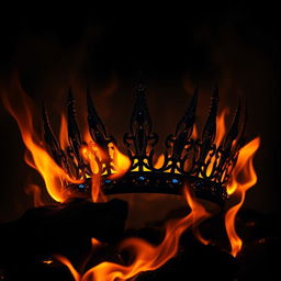A dark and atmospheric scene featuring a striking crown surrounded by intense flames
